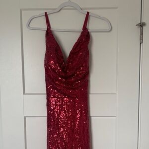 Red Sequin Cowl Neck Dress